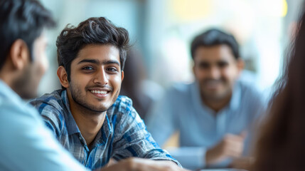 A group of young Indian students in their late teens, smiling and talking to each other during an interactive class session, generative AI