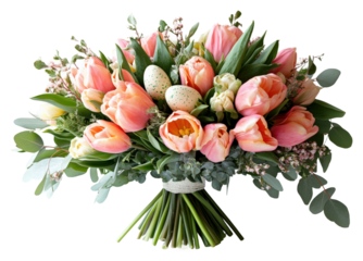 Easter flower bouquet with eggs floral arrangement spring vibes isolated on transparent background