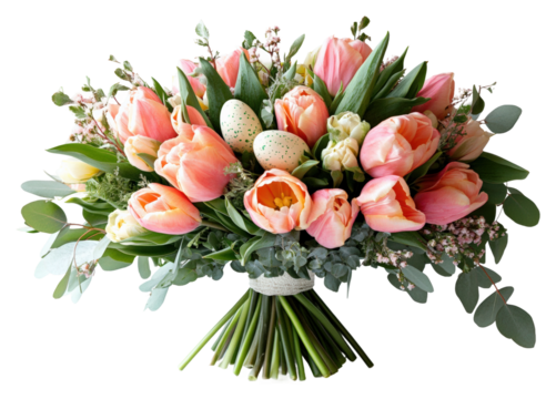 Easter flower bouquet with eggs floral arrangement spring vibes isolated on transparent background