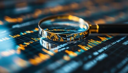 Closeup of a magnifying glass over a financial chart, focusing on data points, symbolizing detailed analysis in a business and finance setting