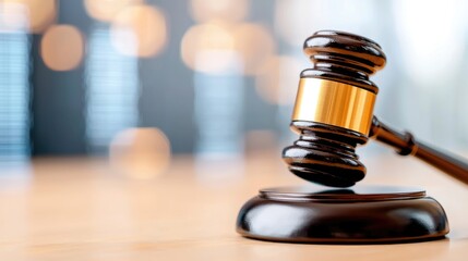 Gavel on wooden table, blurred city background, justice concept, legal stock photo