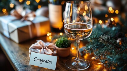 Festive celebration scene featuring a sparkling wine glass, gifts, and twinkling lights in the background