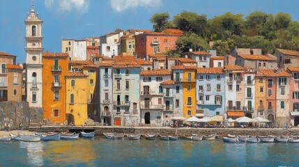 Obraz premium Picturesque Waterside Settlement with Colorful Buildings and Steep Cliffs on a Sunny Day in the European Mediterranean Region