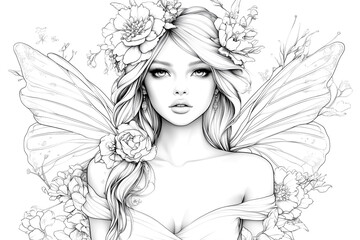 Fototapeta premium A woman with long hair and a flower crown on her head. She is wearing a white dress and has a butterfly on her shoulder