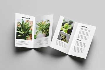 Folded brochure showcasing indoor plants, neutral background, mockup, gardening guide