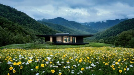 Fototapeta premium Modern house, mountain view, flower field, tranquil setting, architecture design