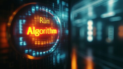 Obraz premium A close-up of a glowing Run Algorithm button in a futuristic digital interface. The neon-lit design and high-tech aesthetic evoke themes of artificial intelligence and automation. AI generated.