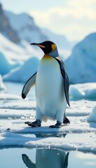Fototapeta premium Penguin waddling on icy surface, cold climate, penguins, flightless bird