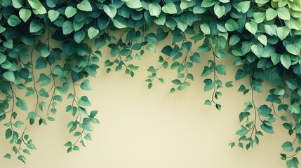 Lush green leaves cascading down a soft yellow wall, creating a serene and inviting atmosphere