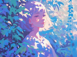 Girl amidst lush foliage, sun-dappled, serene expression, dreamy background