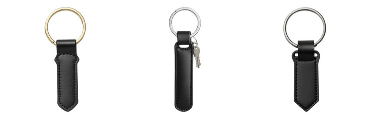 Three Distinctive Keychains with Metal Rings and Straps Isolated on transparent background