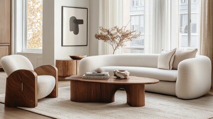 Modern minimalist living room with organic furniture and neutral tones