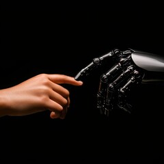 Naklejka premium A human hand reaches out to touch a robotic hand in a symbolic representation of connection between humanity and technology.
