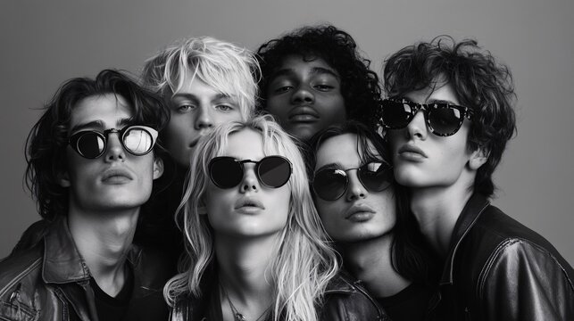 Stylish Group Portrait of Young Adults Wearing Sunglasses