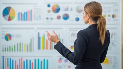 Female leader in a business suit leading a presentation with charts and graphs in the background emphasizing leadership in data driven decisions