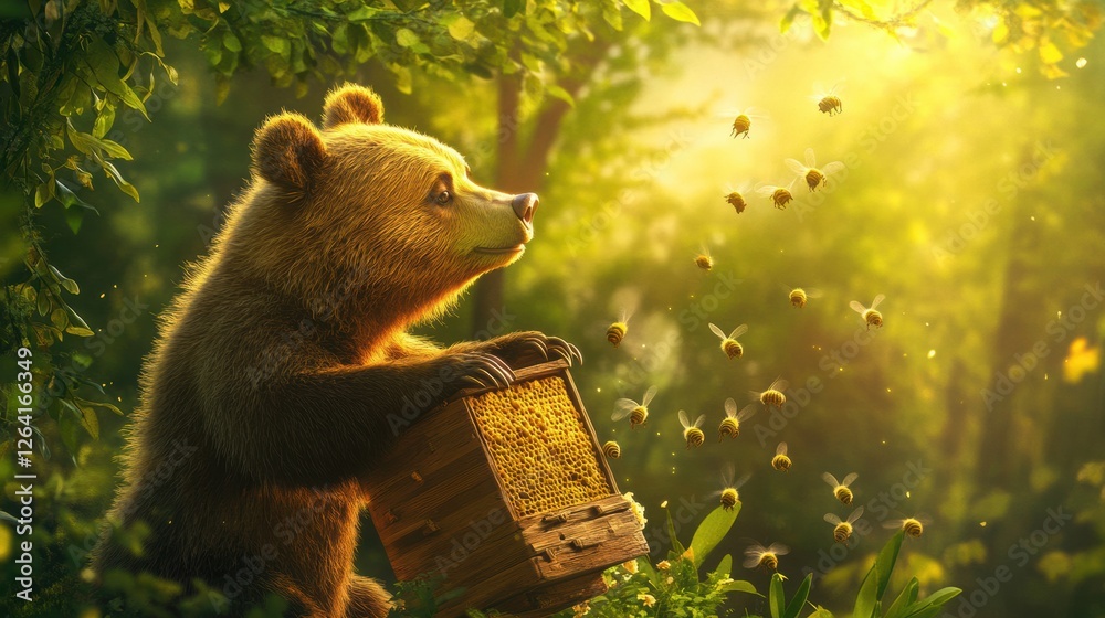 Aufkleber Cute bear enjoying honey while surrounded by buzzing bees in a sunlit forest. Generative AI