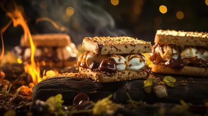 Gourmet s'mores with chocolate and marshmallows on graham crackers.