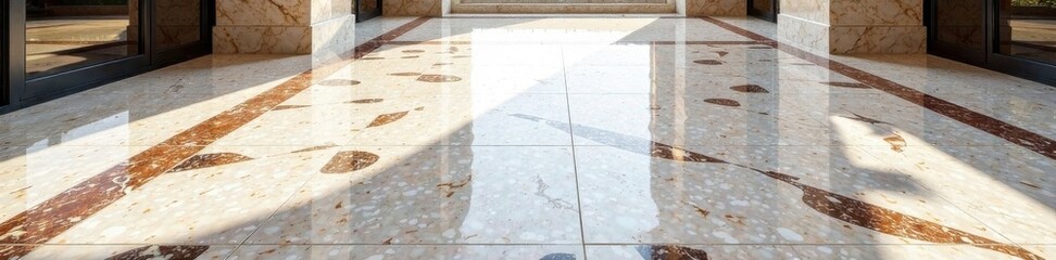 Polished marble floor with terrazzo tiles in geometric pattern, design, minimalist