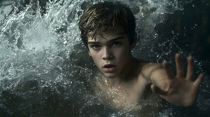 Fototapeta premium The Boy and the Waterfall: A Dramatic Underwater Portrait