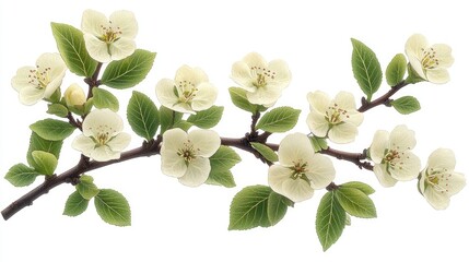 Fototapeta premium Delicate white blossoms on a branch with green leaves, showcasing spring's beauty in nature