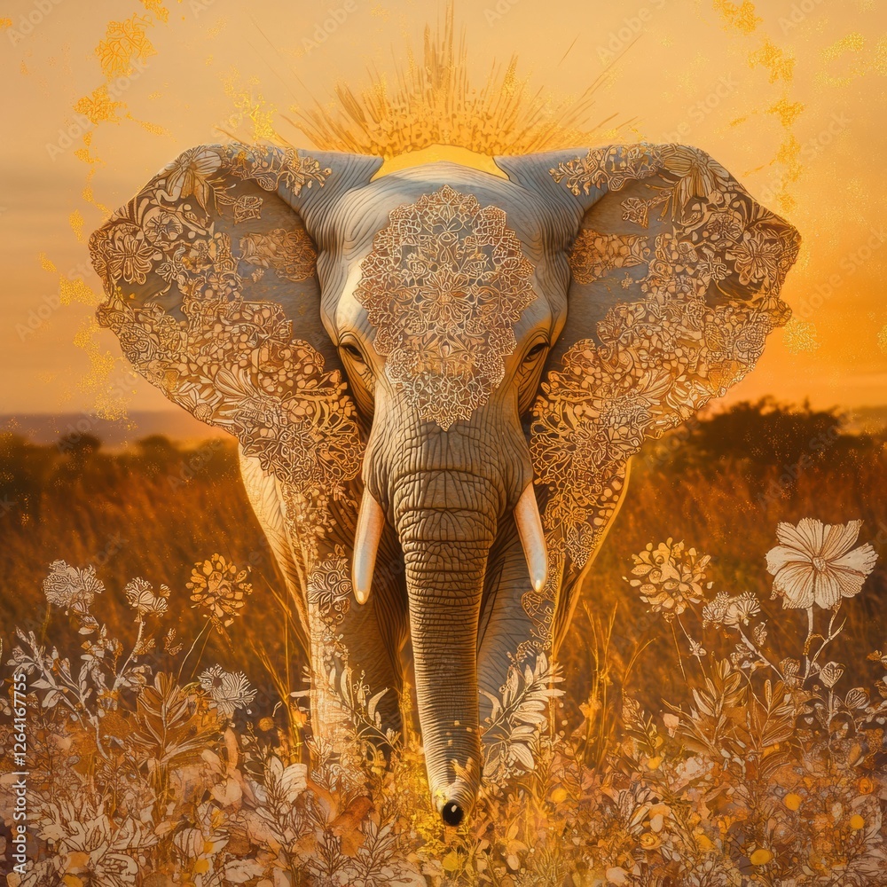 Poster elephant adorned with floral patterns under a warm golden sunset in a savannah landscape. generative
