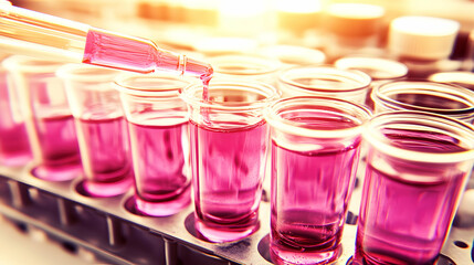 Laboratory Experiment Featuring Pink Liquid Being Dispensed from a Pipette into Test Tubes in a High-Tech Research Facility