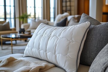 Close-Up of Luxurious White Down Feather Sofa Cushion with Soft Gray Trim in Minimalist Living Room Setting