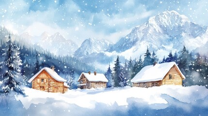 Fototapeta premium Winter wonderland with wooden cabins and snow covered mountains in a serene landscape. Generative AI