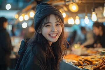 Obraz premium Smiling Woman Wearing Beanie at Night Market