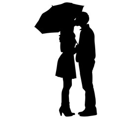 Silhouette of a Romantic Couple Standing Close, About to Kiss Under an Umbrella on a Rainy Evening – Professions in Art, Photography, and Fashion