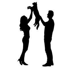Silhouette of a Couple Standing Face to Face While Holding a Cat Up in the Air. Care, Love, Affection, Pet, Animal, Bonding, Family, Trust, Nurturing, Responsibility, Emotional, Kindness, Veterinary, 