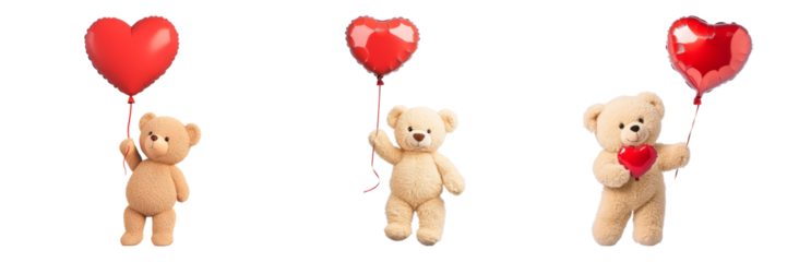 Cute Teddy Bears Holding Heart Shaped Balloons Isolated on transparent background