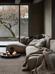 Cozy interior with candles and view to a minimalist garden