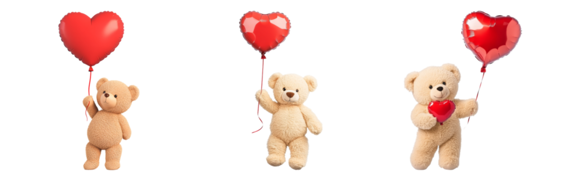 Cute Teddy Bears Holding Heart Shaped Balloons Isolated on transparent background