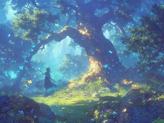 Fototapeta premium Girl with butterflies under ancient tree in magical forest