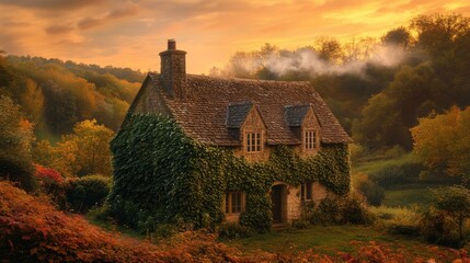 Fototapeta premium A medieval-style stone cottage covered in creeping ivy, set in a fiery autumn woodland, gentle chimney smoke curling against a golden twilight sky.