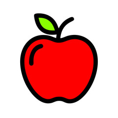 Red Apple with a Black Outline, Green Leaf, a Cartoon Style Stem. Wholesome, Fresh, Delicious, Healthy, Vibrant, Natural, Energy, Organic, Nutrition, Vitality, Bright, Tasty, Juicy, Food Symbol, Clean