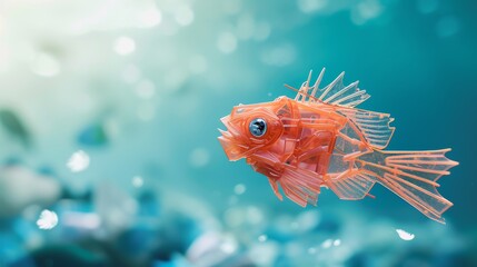 Fototapeta premium A striking orange robotic fish with intricate mechanical fins glides through a digital underwater world. Its detailed construction and translucent design create a sci-fi ambiance. AI generated.