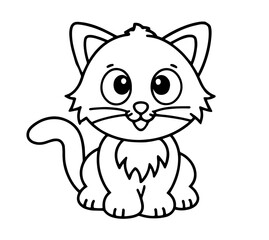 Black and White Cartoon Drawing of a Kitten with Big Round Eyes, Fluffy Collar, and a Curled Tail – Adorable, Playful, Expressive, Friendly, Cute, Artistic, Childlike, Joyful, Happy, Fun, Charming, In