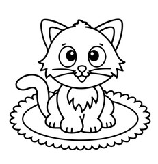 Cute Cartoon Kitten with Big Eyes Sitting on a Rug with Jagged Edges – Adorable, Playful, Friendly, Whimsical, Cheerful, Furry, Expressive, Black and White, Coloring Page, Feline, Innocence, Joy, Arti