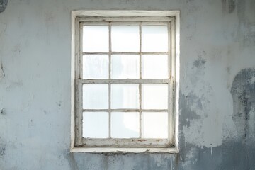 A weathered window with cloudy glass sits in an aged wall