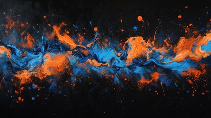 A modern, artistic splash of electric blue and fiery orange paint clashing together on a sleek black background, emphasizing high contrast and bold creativity.