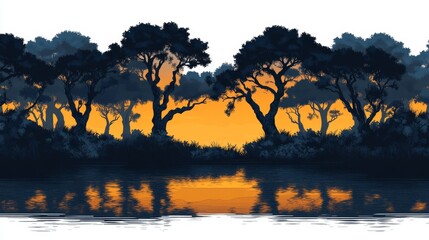 Golden Sunset Reflected in Still Waters Between a Dark Forest Landscape Painting with Vector Graphic Illustration Style