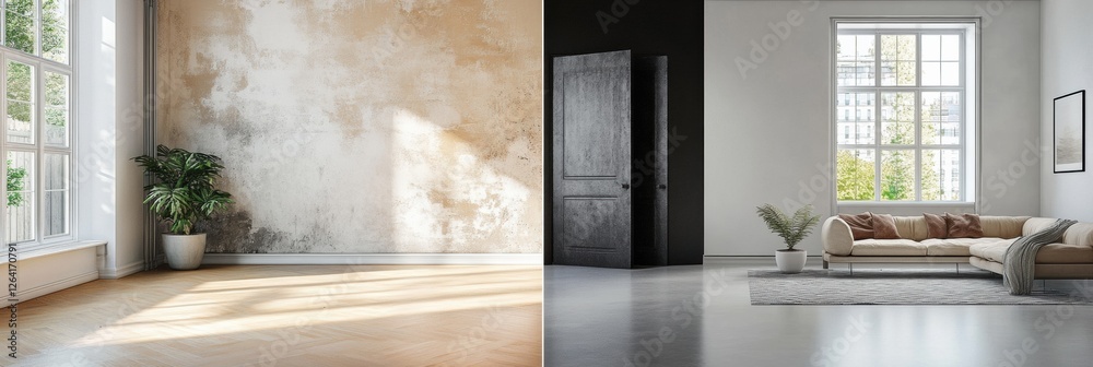 Aufkleber contrast between outdated dark interior and modern light filled design in renovated space. generativ