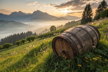 Obraz premium Majestic Oak Cask Weathered by Time: A Breathtaking Landscape Photograph