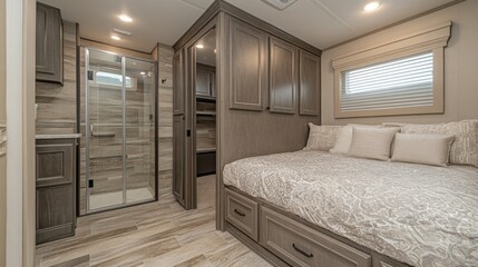 Luxury RV Bedroom and Ensuite Bathroom Interior