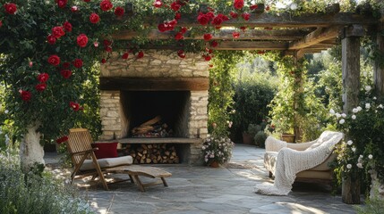 Obraz premium A picturesque garden terrace with a natural stone fireplace, a wooden pergola draped in climbing roses, and a cozy armchair with a knitted throw.