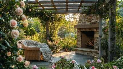 Fototapeta premium A picturesque garden terrace with a natural stone fireplace, a wooden pergola draped in climbing roses, and a cozy armchair with a knitted throw.
