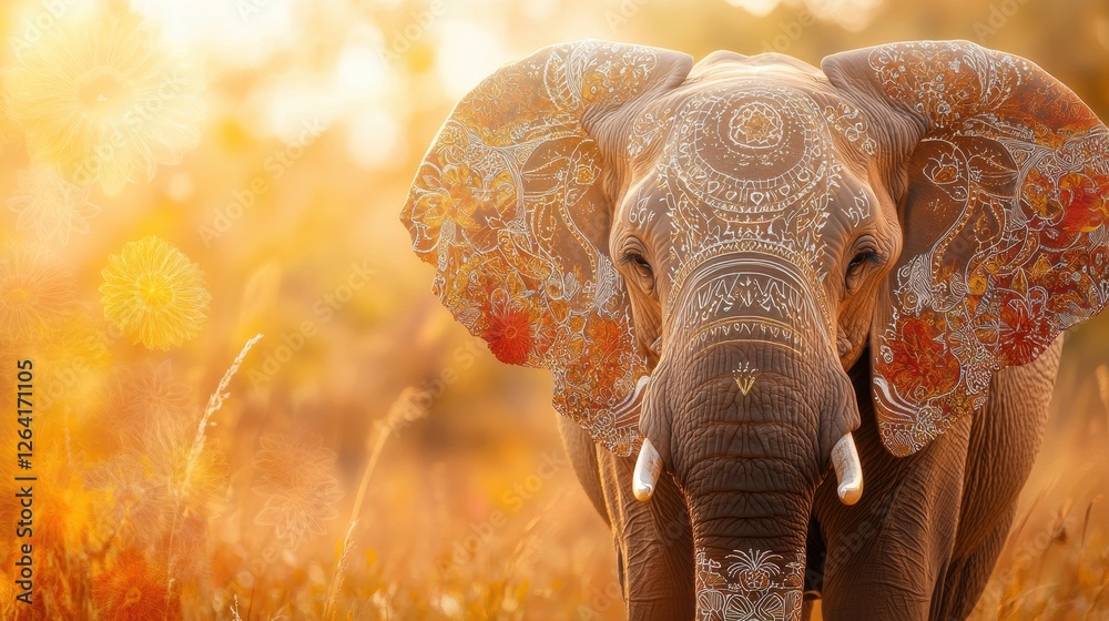 Aufkleber majestic elephant adorned with intricate patterns amidst a golden sunset in the savannah. generative
