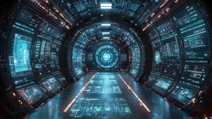 Fototapeta premium Futuristic Spaceship Corridor With Advanced Technology Displays